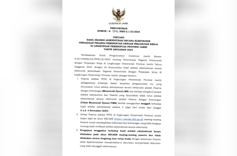 Tak Lengkap Upload Persyaratan, Ratusan Pelamar PPPK Pemprov Jambi 2024 TMS, Ini Pengumumannya !