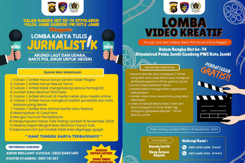 Lomba Karya Tulis Dan Video Kreatif Sambut HUT Polairud ke 74 Memperbutkan Sepeda Listrik + Uang Tunai Jutaan Rupiah.