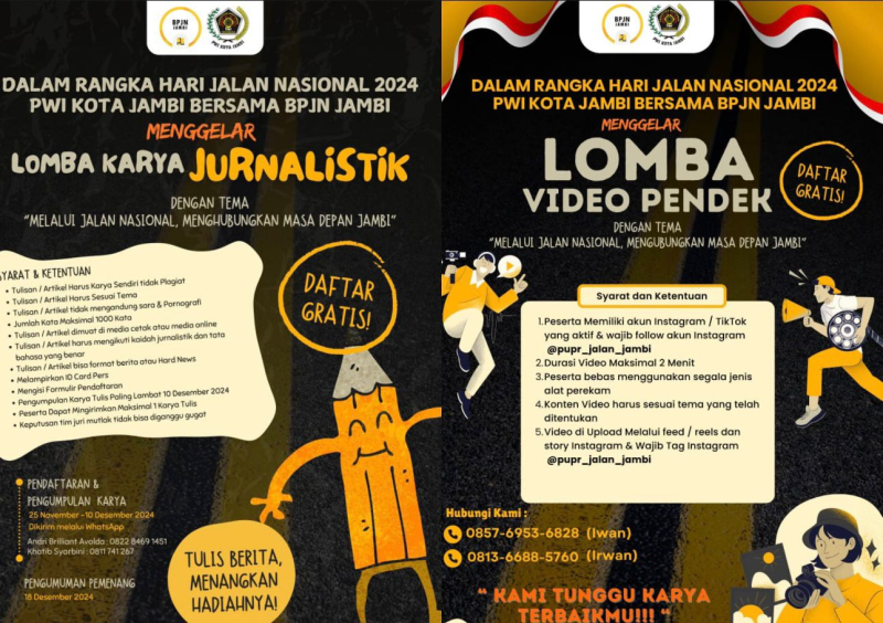 Sambut Hari Jalan Nasional 2024, PWI Kota Jambi bersama BPJN Gelar Lomba Karya Jurnalistik dan Video, Ini Ketentuannya