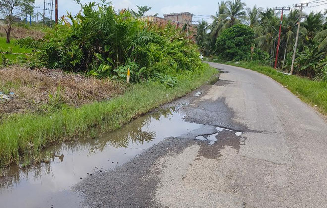 Jalan dari Simpang Teluk, di Desa Sungai Saren dan Desa Pembengis Kecamatan Bram Hitam Kabupaten Tanjabbar, rusak berat.