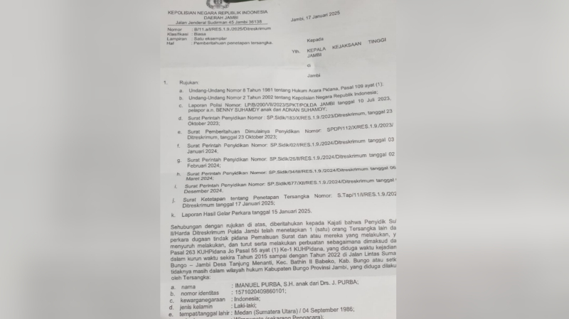 Polda Jambi Dikabarkan Kembali Tetapkan Dua Tersangka Mafia Tanah di Bungo