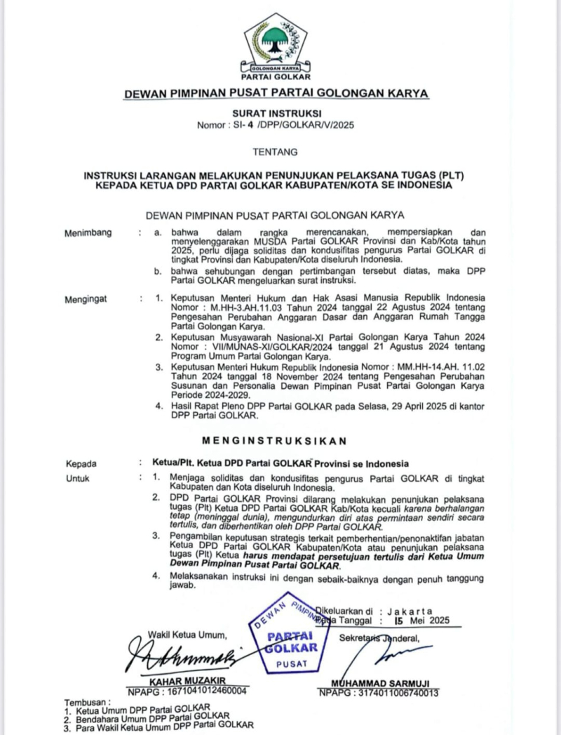 Jelang Musda Golkar Jambi, DPP Larang Penunjukan Plt Ketua DPD Kabupaten/kota