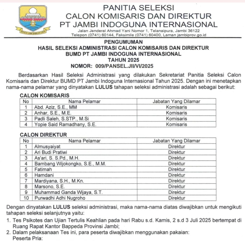 Pansel Umumkan Calon Komisaris dan Direktur BUMD PT.JII Yang Lulus Seleksi Administrasi, Ini Daftarnya