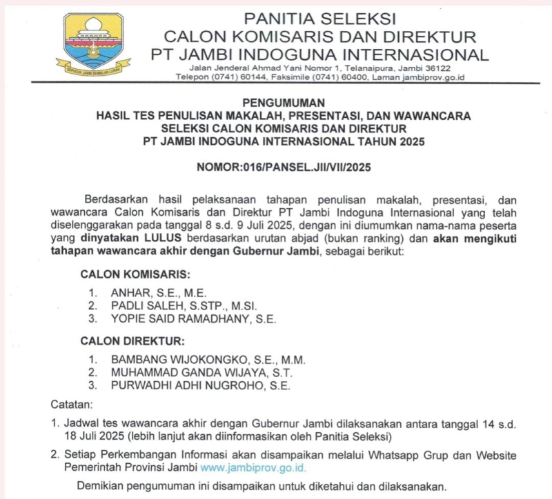 Ini 3 Besar Nama Calon Komisaris dan Direktur PT.JII Yang Melaju Ke Tahap Wawancara Akhir Gubernur