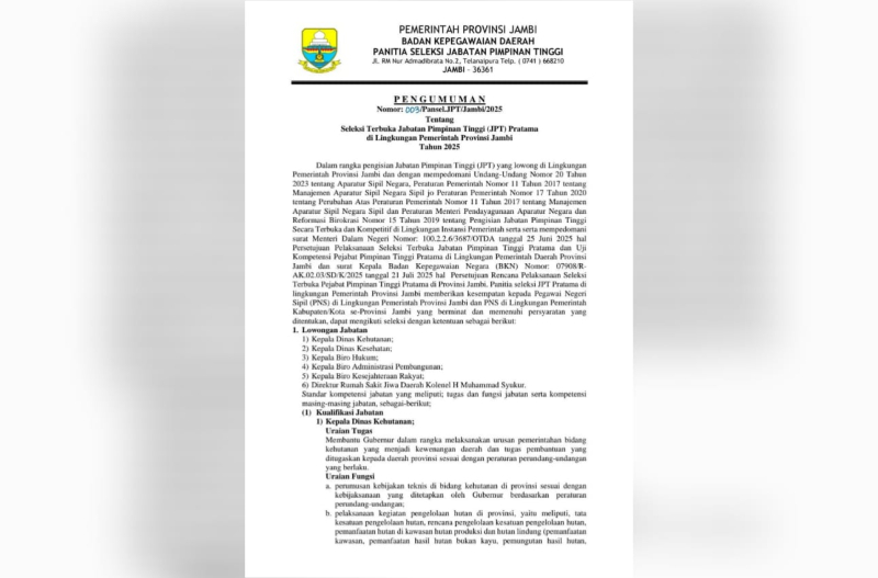 Pemprov Jambi Buka Lelang 6 Jabatan Eselon II, Ini Jadwal dan Syaratnya