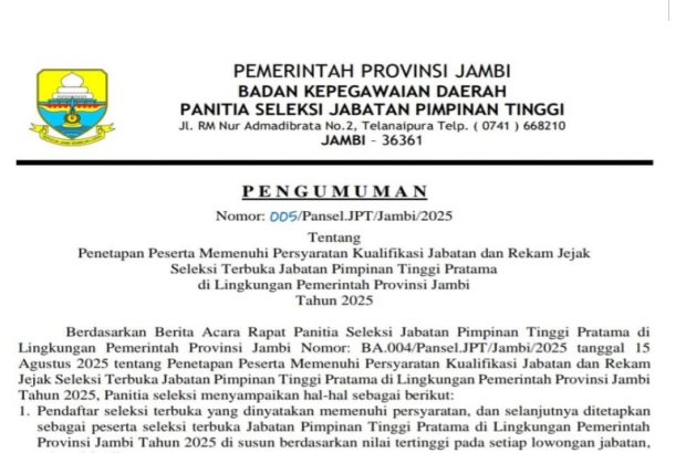 Lelang Jabatan 6 Kepala OPD Pemprov Jambi Diserbu Pendaftar, 50 Nama Masuk Babak Selanjutnya