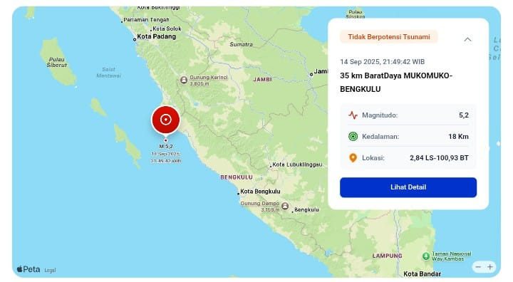 Gempa 5,2 SR di Muko-Muko, Terasa Kuat di Kerinci-Sungai Penuh