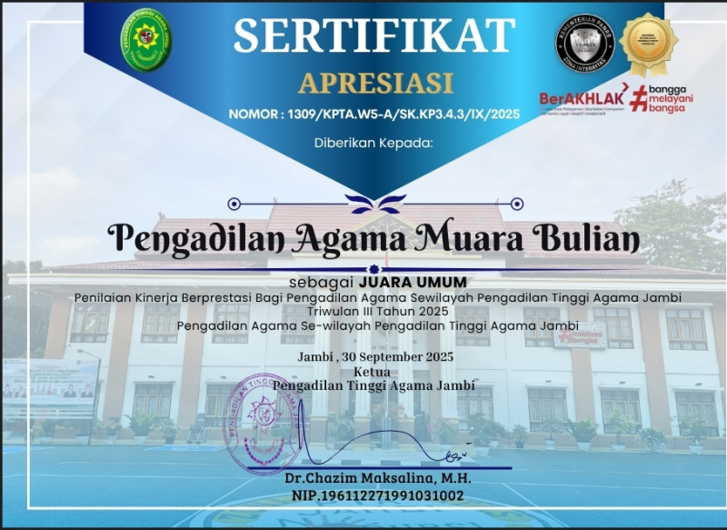 PA Muara Bulian I B Juara Umum Penilaian Prestasi Kinerja Triwulan III 2025
