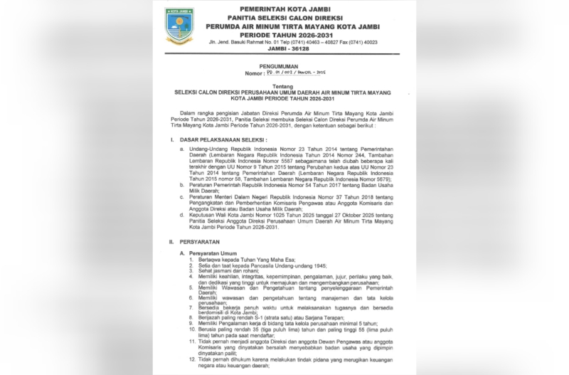 Resmi Dibuka! Seleksi Direksi Perumda Tirta Mayang Kota Jambi, Tanpa Pungutan Biaya