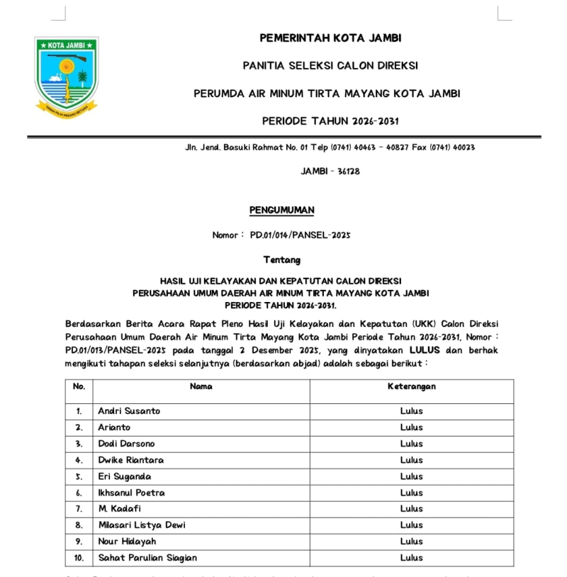 Lolos Uji Kelayakan, Ini 10 nama Kandidat Direksi Tirta Mayang