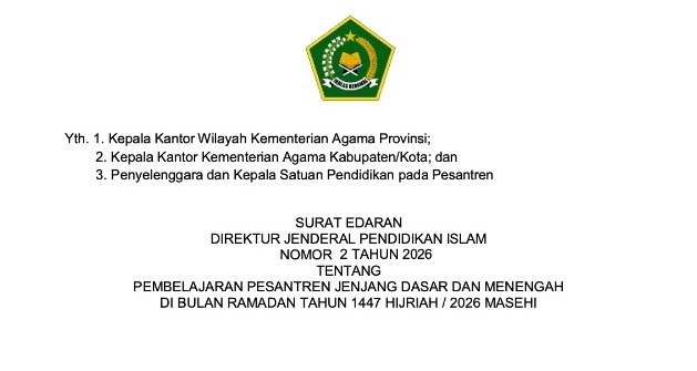 SE Nomor 2 Tahun 2026 tentang Pembelajaran Pesantren Jenjang Dasar dan Menengah di Bulan Ramadan Tahun 1447 Hijriah/2026 Masehi.