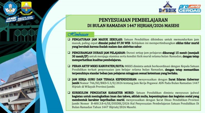 Disdik Provinsi Jambi Sesuaikan Jam Sekolah Selama Ramadan 1447 H: Durasi Belajar Dikurangi