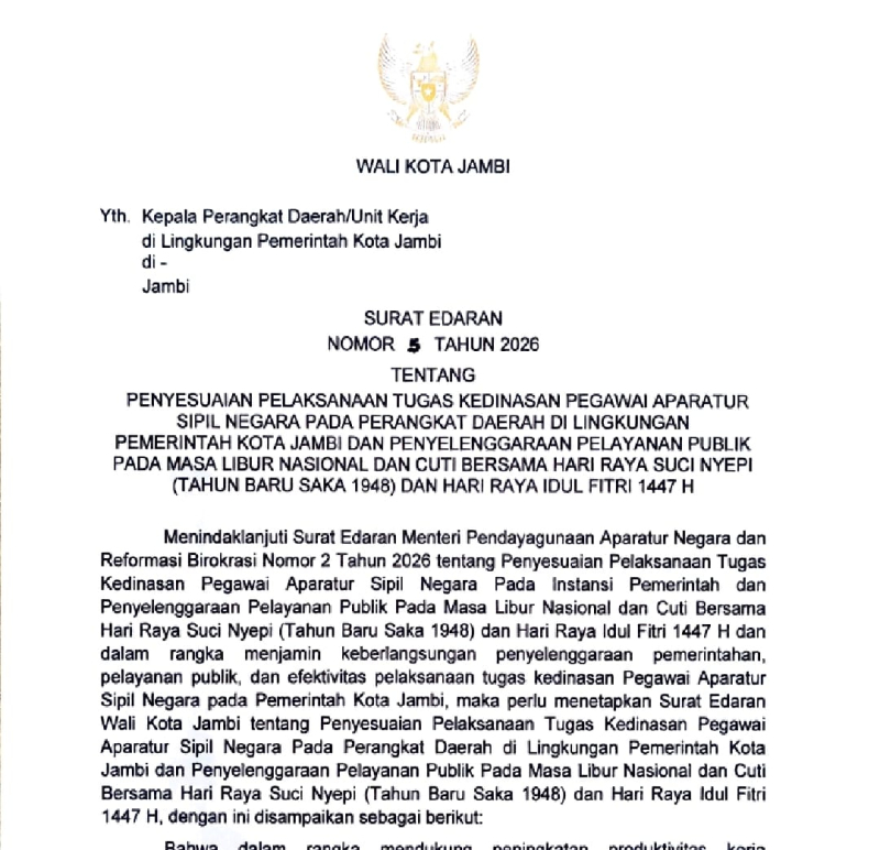 Aturan Libur Lebaran! ASN Pemkot Jambi Boleh WFH Jelang Nyepi dan Lebaran