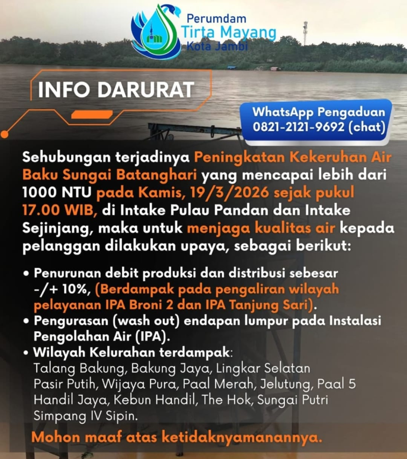 Air PDAM Kota Jambi Terganggu! Sungai Batanghari Keruh Parah, Ini Wilayah Terdampak