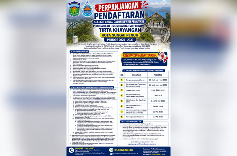 Seleksi Dewan Pengawas Perumda Tirta Khayangan Diperpanjang hingga 4 Mei 2026